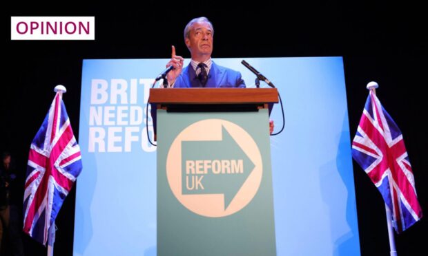 Britain's right-wing Reform Party leader Nigel Farage speaks at a 'Meet Nigel Farage' event in Clacton on Sea. Image: Neil Hall/EPA-EFE/Shutterstock