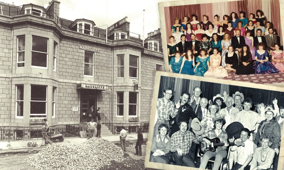 The Marcliffe Hotel when it was on Queen's Terrace and, inset, functions there in the 1980s and '90s. Image: Clarke Cooper/DC Thomson