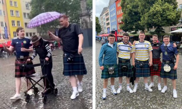 Ali Murray sheltering man with umbrella in Cologne and with his friends