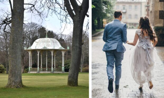 A bride and groom were recently forced to brave the rain between Duthie Park and Union Kirk at the top of Bon Accord Street in Aberdeen after being let down by a prebooked taxi. Image: Scott Baxter/DC Thomson (left) and Bogdan Sonjachnyj/Shutterstock (right)