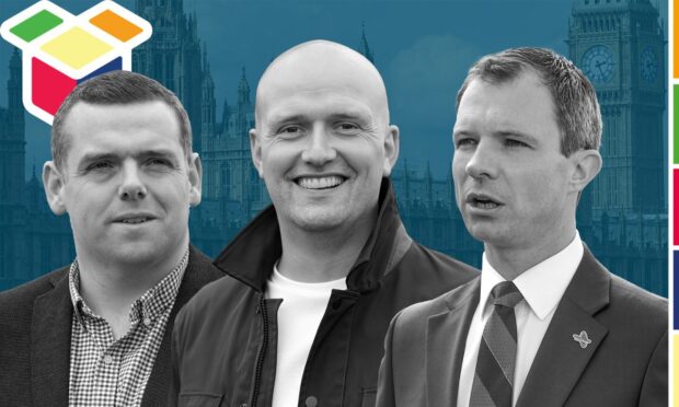 Scottish Conservative leader Douglas Ross, SNP Westminster leader Stephen Flynn and Andrew Bowie, Conservative candidate for West Aberdeenshire and Kincardine. Image: DC Thomson.