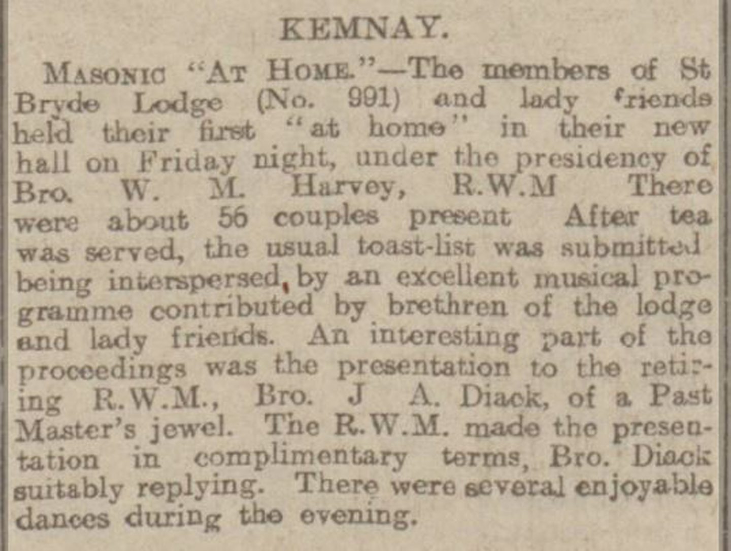 This cutting from the Press and Journal in January 1911 describes the "several enjoyable dances" as members celebrated the opening of the Kemnay Masonic lodge.