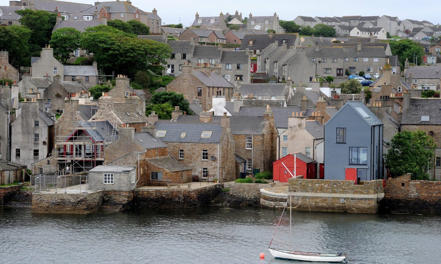 Stromness waterfront with architecture old and new.