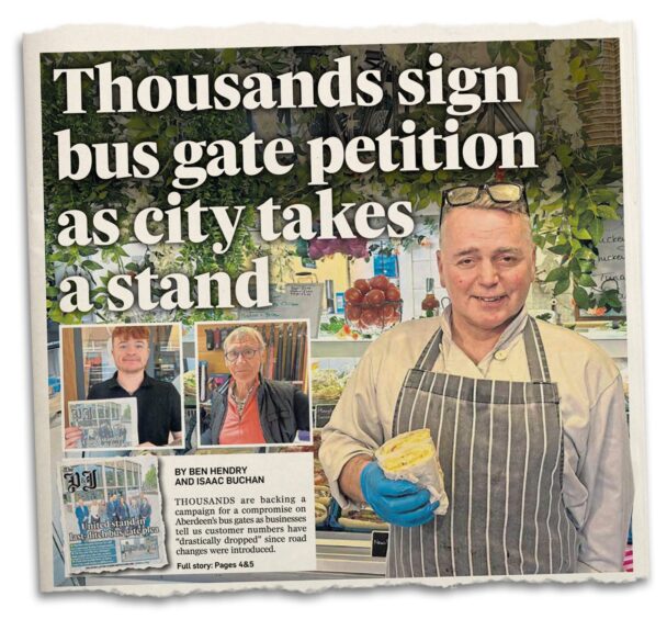 P&J newpaper clipping with headlines: 'Thousands sign bus gate petition as city takes a stand'