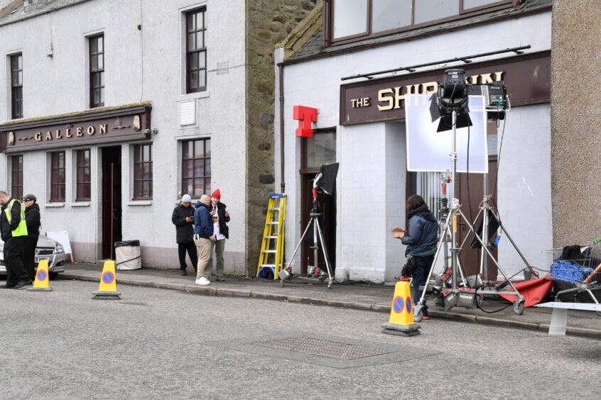 Lighting rigs set up outside The Ship Inn, Fraserburgh, during filming of new BBC film Never Seen the Sea