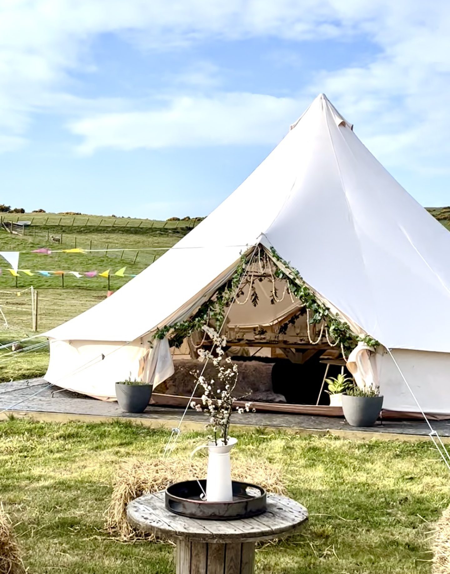 The white bell tent at Pathgreen Glamping can be used for the bride to be packages