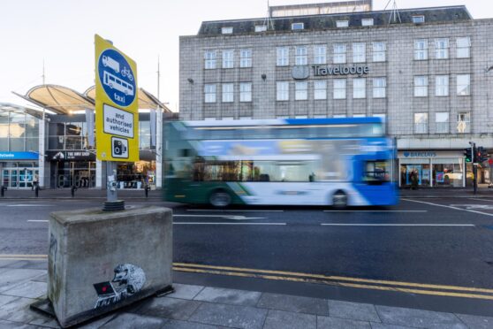 The bus gate at teh Bridge Street end of central Union Street in Aberdeen. Scrapping it could cost the city £8m, it has been claimed. Image: Scott Baxter/DC Thomson
