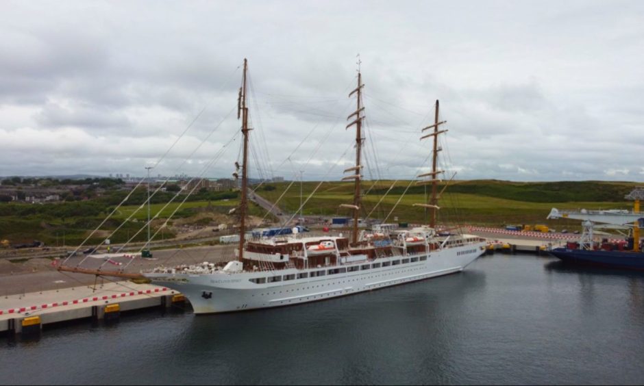Sea Cloud Spirit cruise ship at the harbour in Aberdeen.