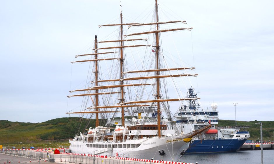 Sea Cloud Spirit cruise ship at the harbour in Aberdeen.
