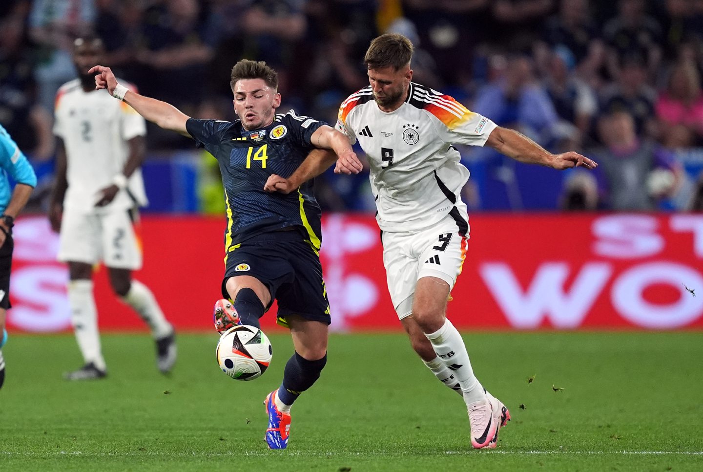 Scotland's Billy Gilmour and Germany's Niclas Fullkrug (right) battle for the ball during the UEFA Euro 2024 Group A match. Image: PA