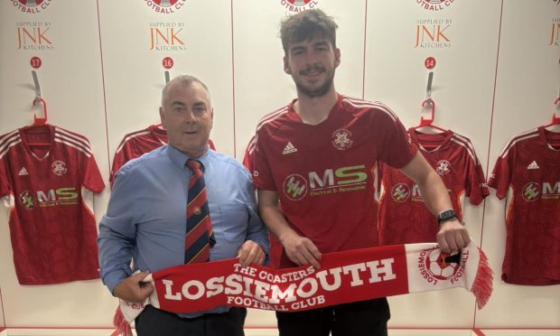 New Lossiemouth signing Saul Phimister, right, with Lossiemouth chairman Alan McIntosh. Picture courtesy of Lossiemouth FC.