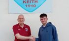 New Keith signing Scott Barron, right, pictured at Kynoch Park with Keith vice-chairman Charlie Simpson.