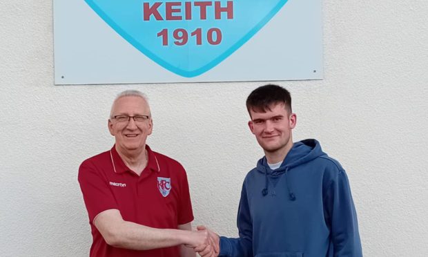 Keith new signing Scott Barron, right, with vice-chairman Charlie Simpson at Kynoch Park on June 4 2024.
Photo courtesy of Keith FC - please credit with use.