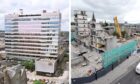 St Nicholas House in 1999, and during the final stages of demolition in June 2014. Image: Roddie Reid/DC Thomson