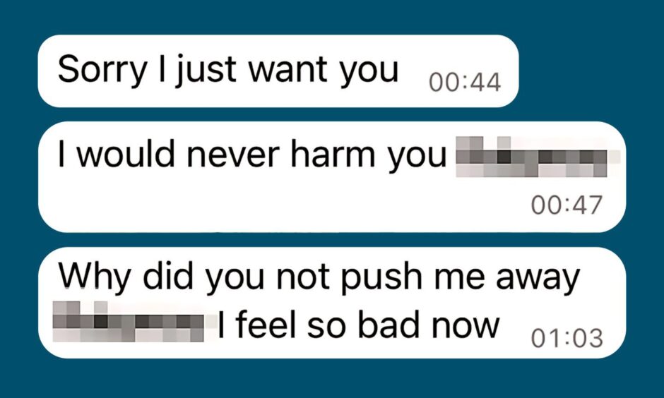 Screenshot of victim-blaming messages sent by Steven Wood to the distraught woman after sexually assaulting her. 