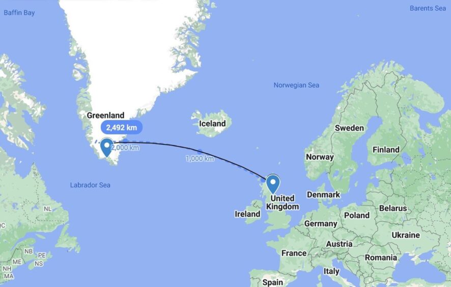 Distance between Hop's Edinburgh base and the hotel in Greenland. 