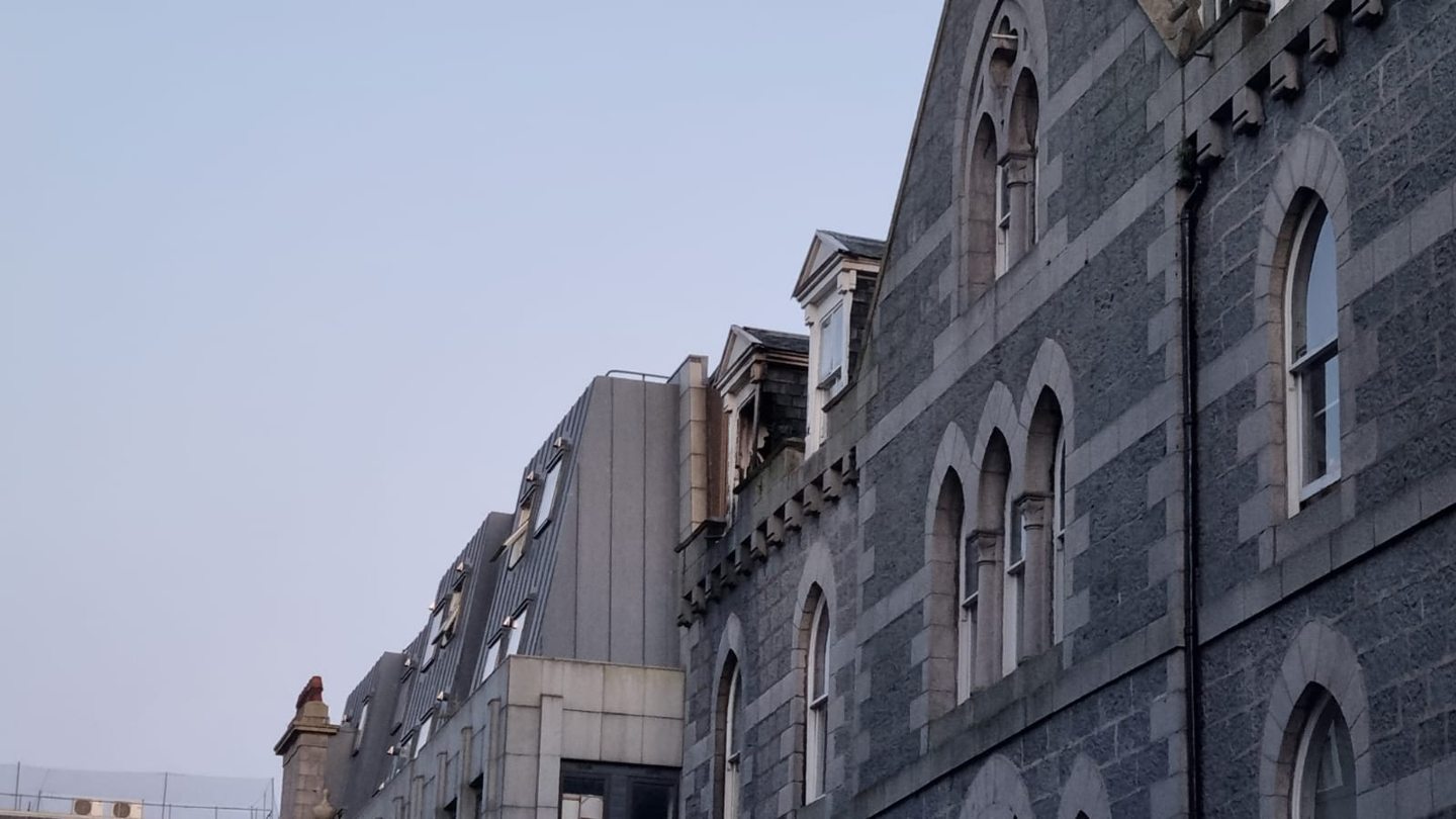 Fire damage on exterior of Carmelite Hotel in Aberdeen.