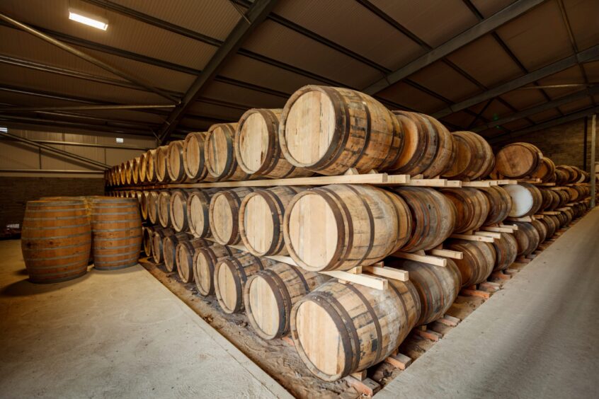 whisky barrels in storage.