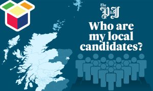 An invitation to find out who your local candidates are, written over a map of Scotland.