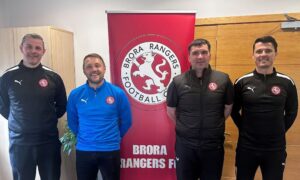 Brora Rangers' new management team. From left, assistant manager David Hind, first team coach Michael MacKenzie, first team performance coach Jordan MacDonald and manager Steven Mackay.  Image: Brora Rangers.