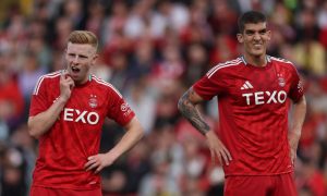 Aberdeen centre-back Slobodan Rubezic, right, and Gavin Molloy. Image: Shutterstock.