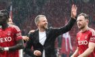 Aberdeen manager Jimmy Thelin applauds supporters after the 6-0 defeat of Dumbarton. Image: Shutterstock