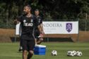 Aberdeen manager Jimmy Thelin in Portugal with assistant Emir Bajrami, left. Image: Ross Johnston/Newsline Media.