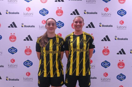 Maddie Finnie and Francesca Ogilvie in the new Aberdeen away kit. Picture shows; Maddie Finnie and Francesca Ogilvie in the new Aberdeen away kit. Image: Darrell Benns/DC Thomson