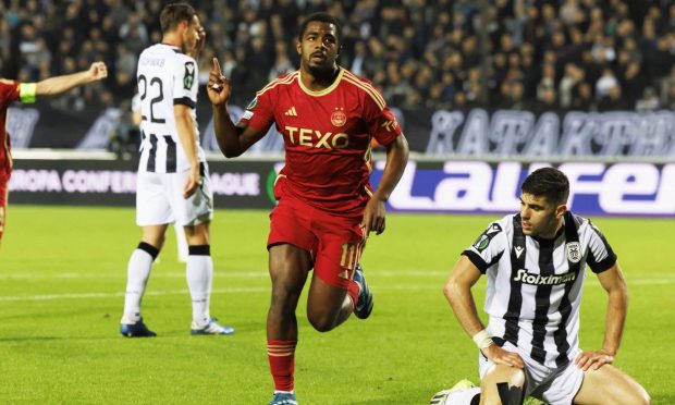 Aberdeen's Duk celebrates scoring to make it 1-0 away at PAOK in the Europa Conference League last season. Image: SNS.