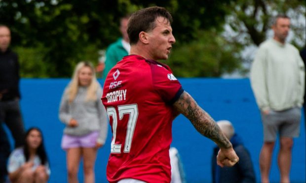 Eamonn Brophy celebrates netting against Stranraer. Image: SNS