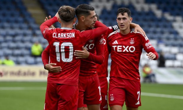 Aberdeen's Ester Sokler celebrates making it 3-0 during a Premier Sports Cup group stage match against Queen of the South. Image; SNS