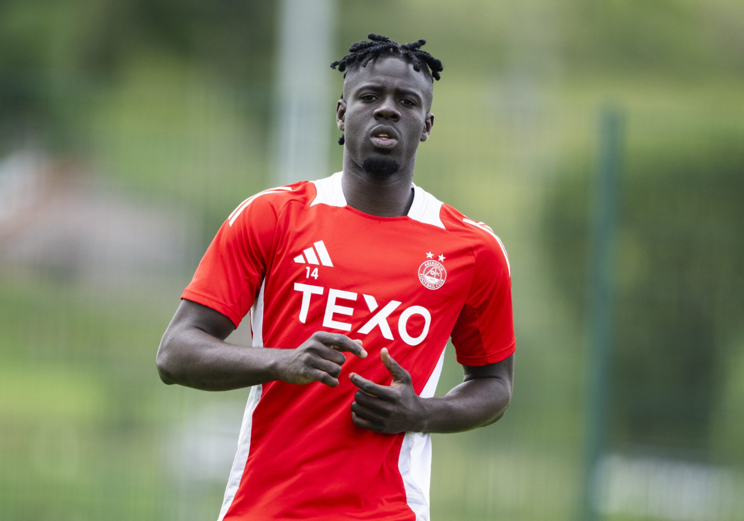 Pape Gueye during an Aberdeen training session at Cormack Park, on July 19, 2024. Image: SNS 