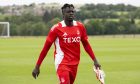 Aberdeen striker Pape Gueye during a training session at Cormack Park, on July 19, 2024. Image: SNS