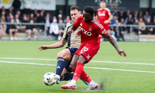 Aberdeen's Shayden Morris scores to make it 4-0 during a Premier Sports Cup group stage match between East Kilbride and Aberdeen at K-Park Training Academy, on July 20, 2024, in East Kilbride, Scotland. (Photo by Roddy Scott / SNS Group)