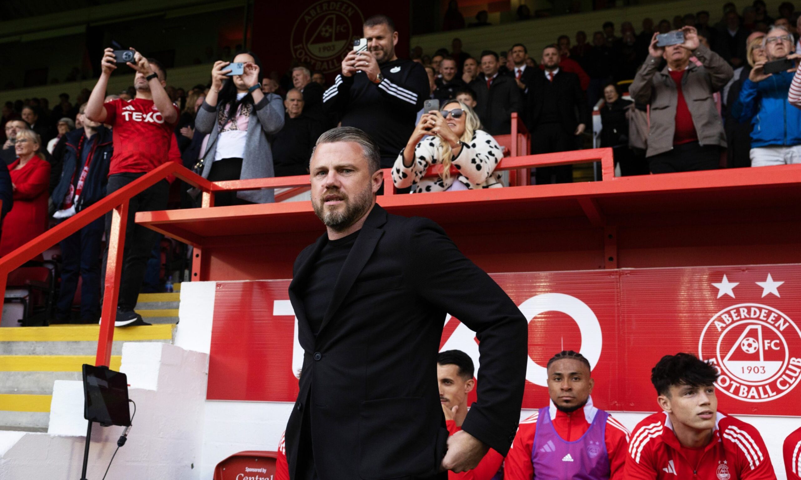 Aberdeen manager Jimmy Thelin takes charge for his first home match during a Premier Sports Cup group stage match against Airdrieonians. Image: SNS