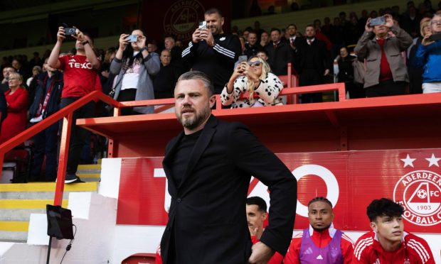 Aberdeen manager Jimmy Thelin takes charge for his first home match during a Premier Sports Cup group stage match against Airdrieonians. Image: SNS