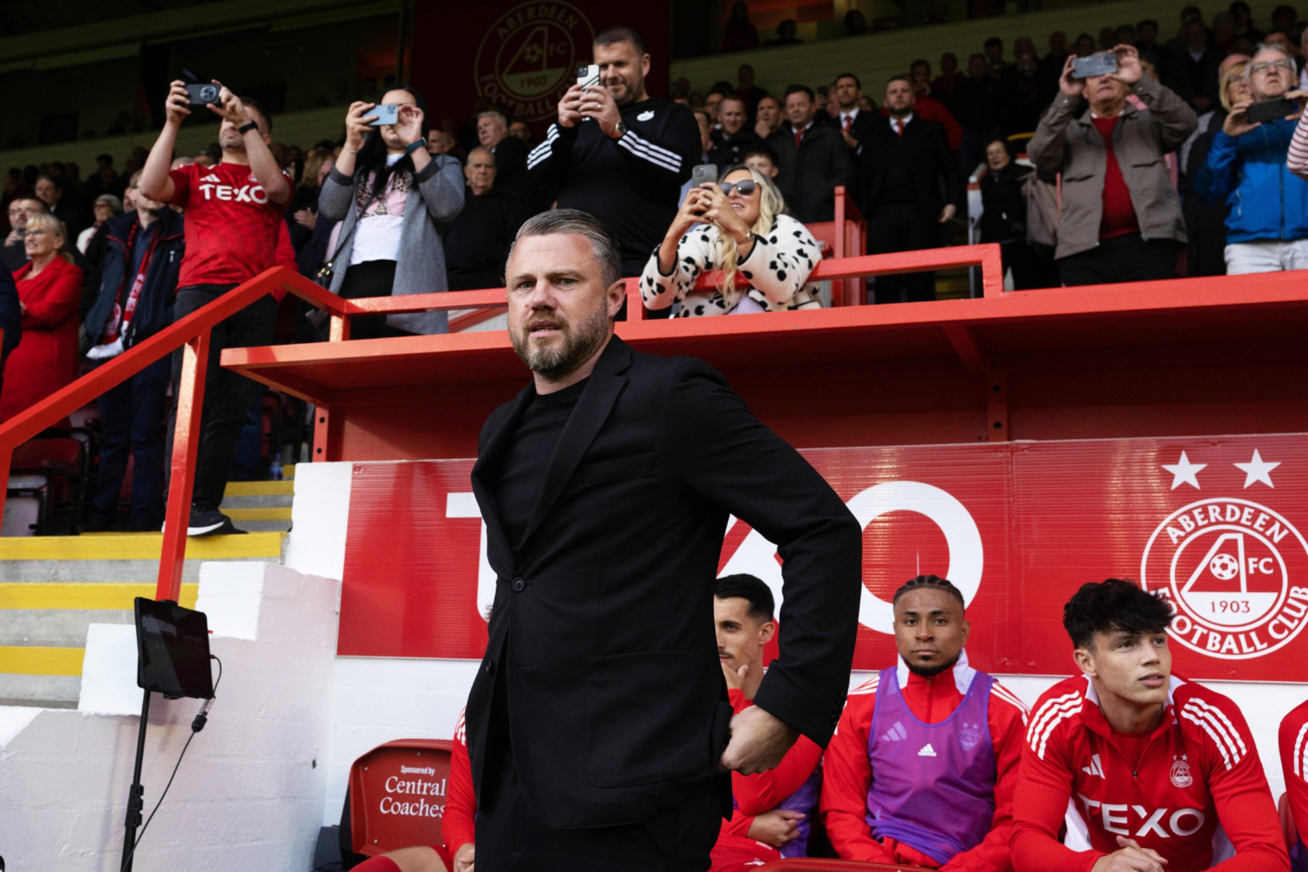 Aberdeen manager Jimmy Thelin takes charge for his first home match during a Premier Sports Cup group stage match against Airdrieonians. Image: SNS 