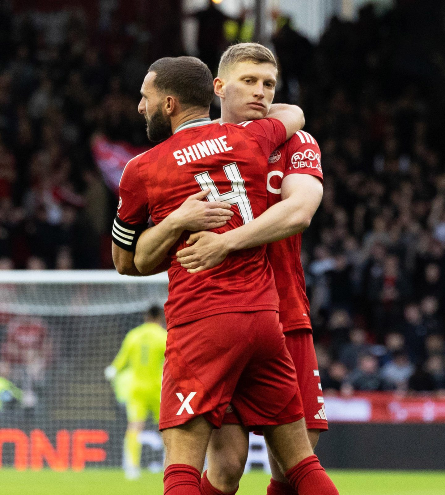 Aberdeens Graeme Shinnie celebrates with Jack MacKenzie after scoring to make it 1-1 against Airdrieonians. Image; SNS 