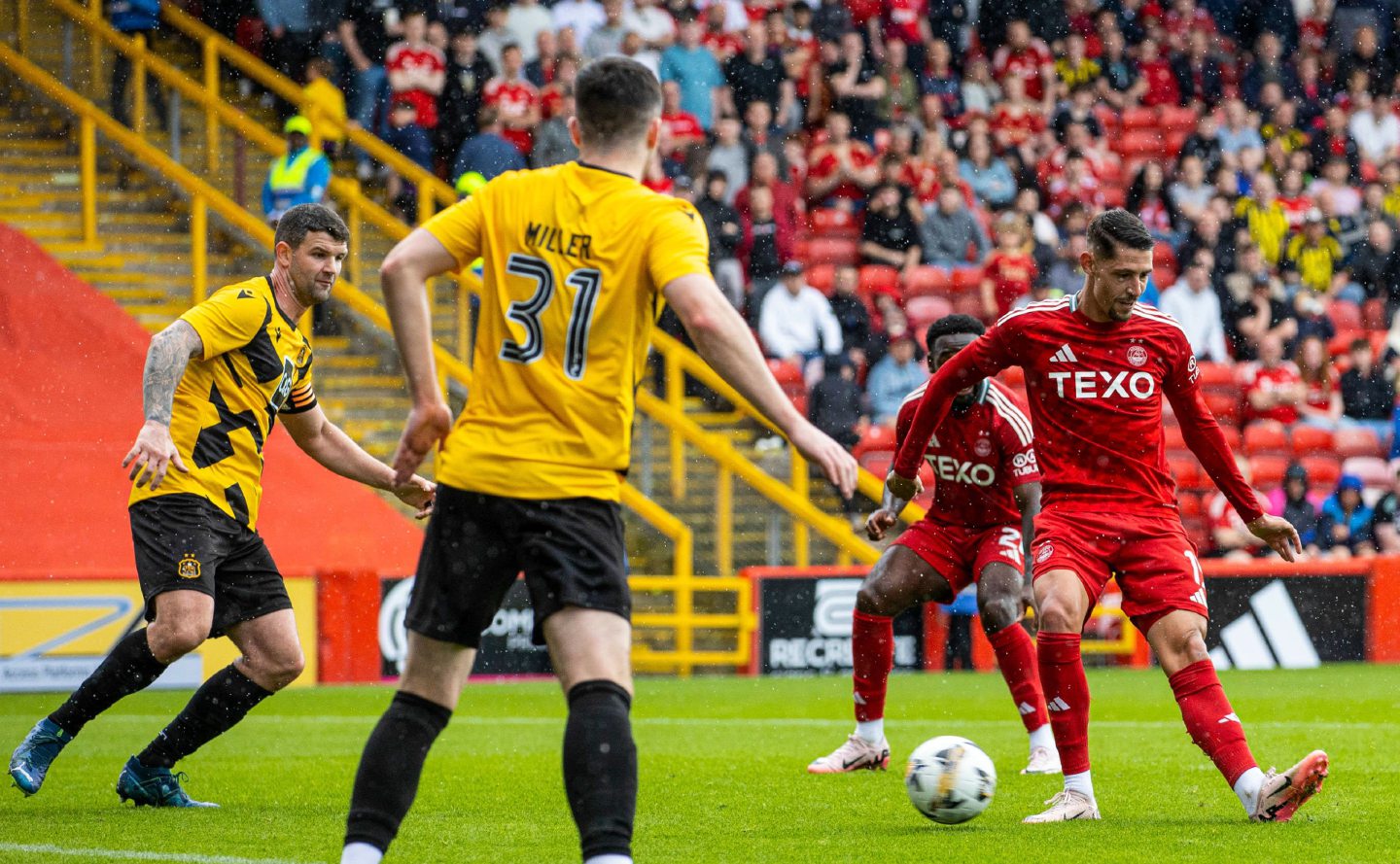 Aberdeen's Ester Sokler scores to make it 3-0 during a Premier Sports Cup group stage match against Dumbarton at Pittodrie. Image: SNS 