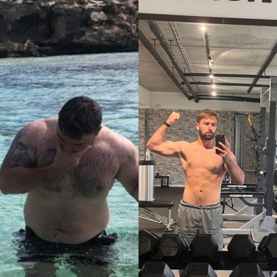 Image of Bradley in Australia when he was at his heaviest alongside image of him after his transformation