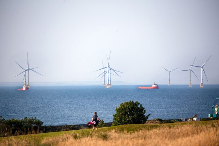 Wind turbines along Aberdeen's coast.