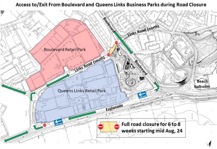 The diversion drivers will have to take to visit the Boulevard and Queens Road retail parks. Image: Aberdeen City Council