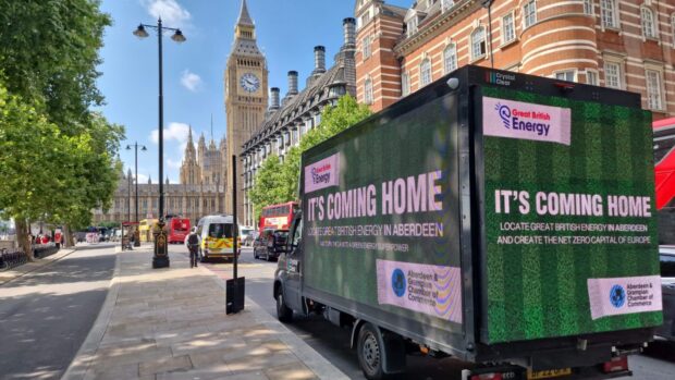 Aberdeen and Grampian Chamber of Commerce advertising van outside Westminster. Image: Supplied.