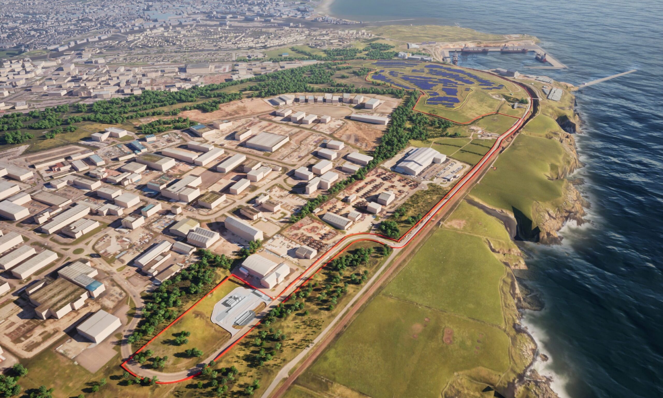 A design image of BP Aberdeen Hydrogen Energy Limited's production hub (bottom left) and the planned solar farm on the former Ness landfill site (top right). Image: BP