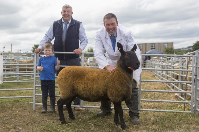 William Barnetson & Sons took the reservesupreme sheep award with their half-bred champion, bought at last year's lamb sales. Holding the animal is James Barnetson, while looking on
are his father, William, and son, Jamie. 