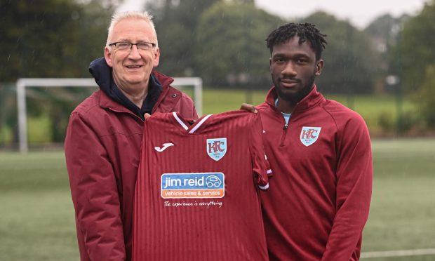 New Keith signing Horace Ormsby, right, with Keith vice-chairman Charlie Simpson. Pictures by Darrell Benns/DCT Media.