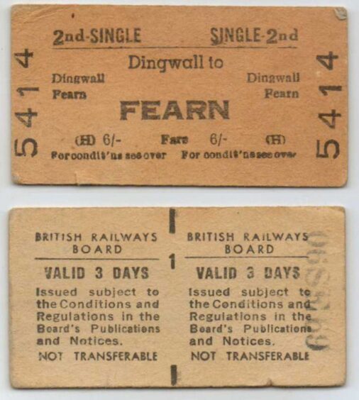 The front and back of a1969 train ticket from Dingwall to Fearn. It cost 6 shillings. Image: Mark Nolan.