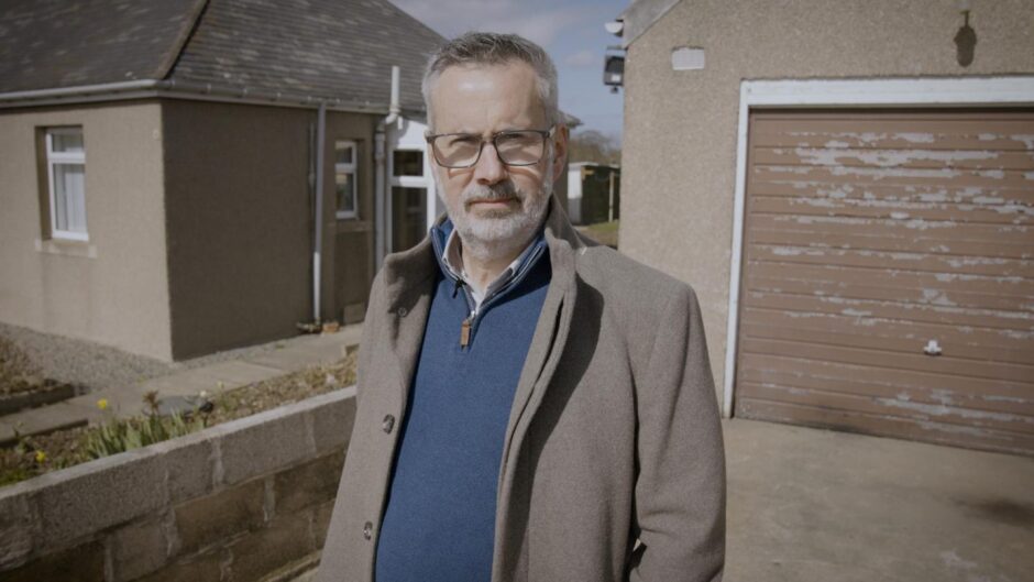 Gary Winter outside the Rothienorman property where Mr McKandie was found dead. 