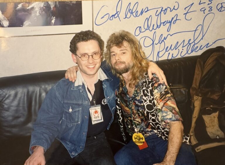 Superfan Iain with Skynyrd bassist Leon Wilkeson backstage at Hammersmith Odeon in February 1992,