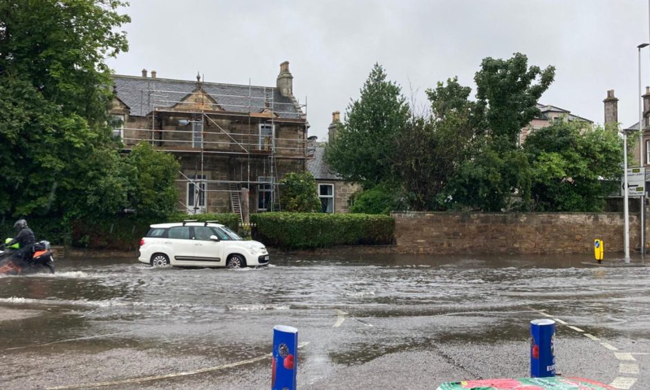 Flood outside Lidl on Station Road, Elgin in July.